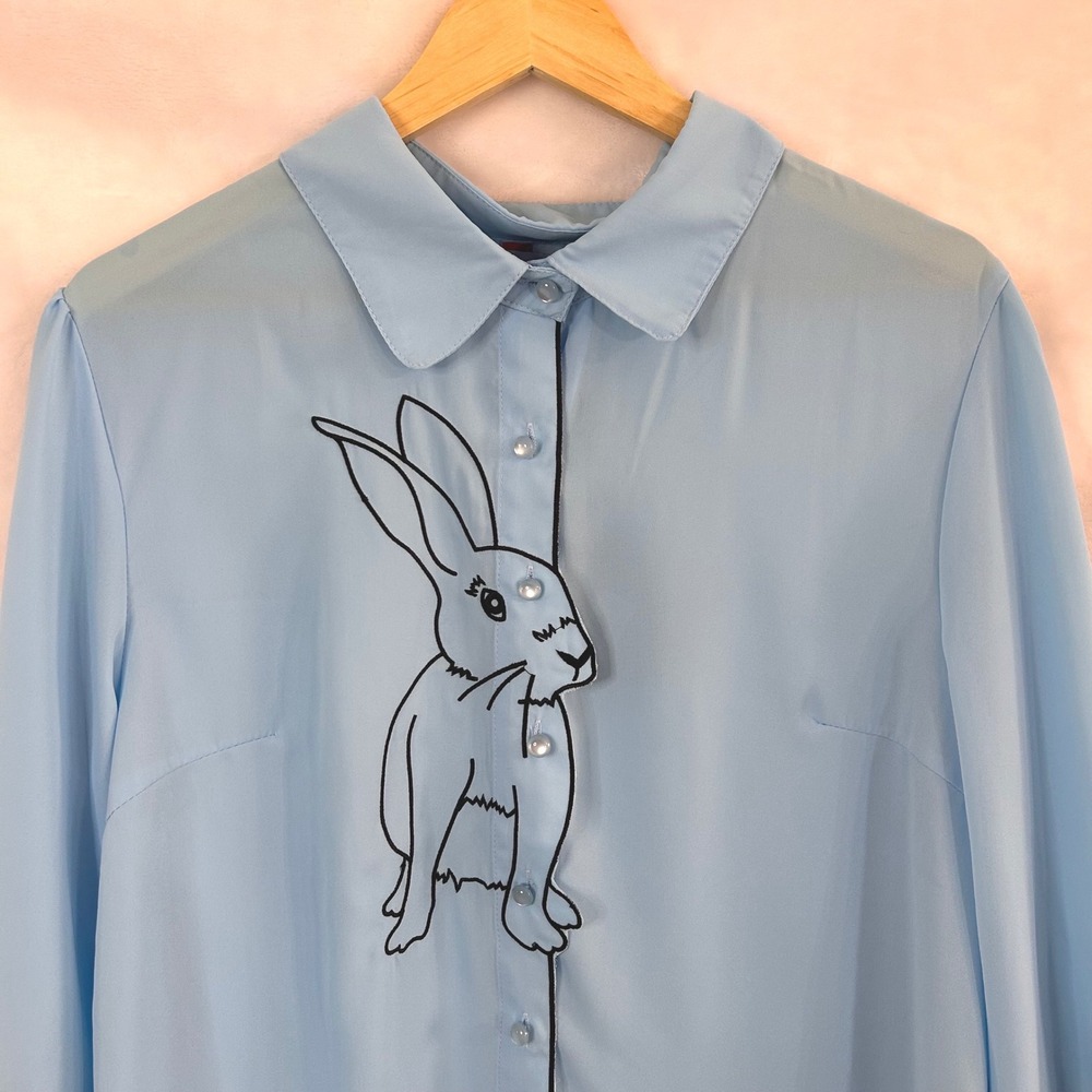 NWT Banned Retro Blue Rabbit Button Down Blouse 2XL Vintage Style Rockabilly - Picture 2 of 7